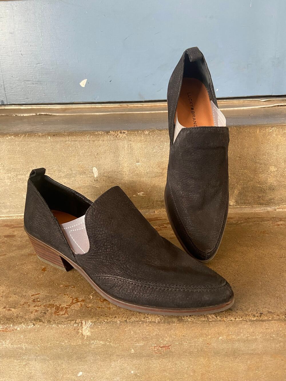 Lucky Brand Mahzan Black Nubuck Leather Pointed-Toe Slip-On Loafers